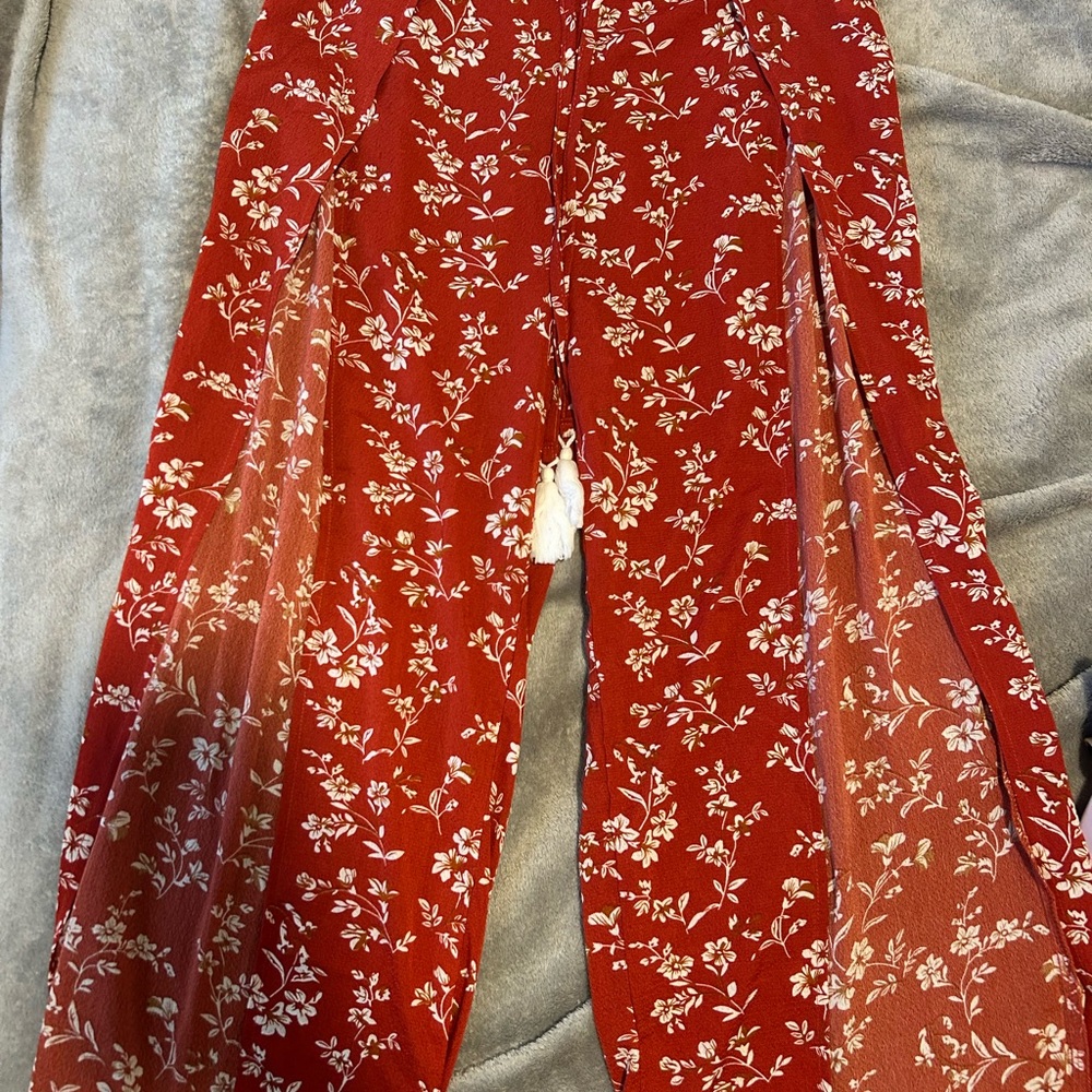 Floral Red Wide-Leg Pants